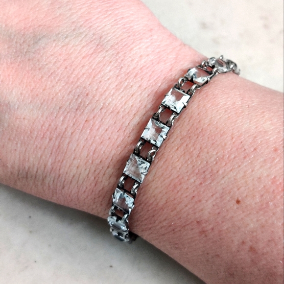 Antique True Art Deco Square Cut Crystal Bracelet Sterling Silver - Picture 1 of 15
